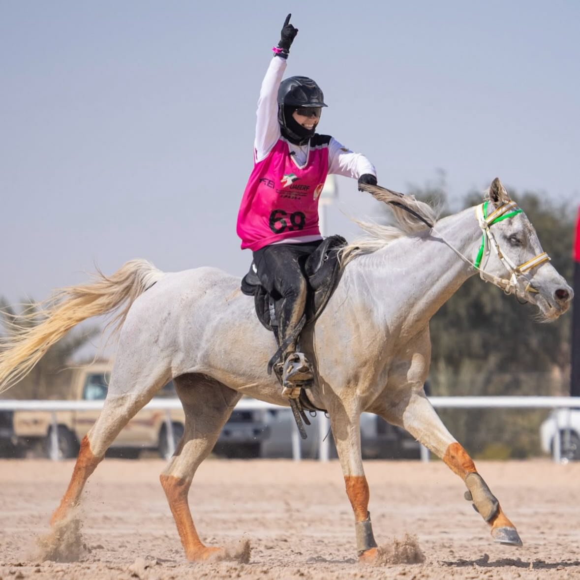 Rider raising a fist at full gallop on a white horse